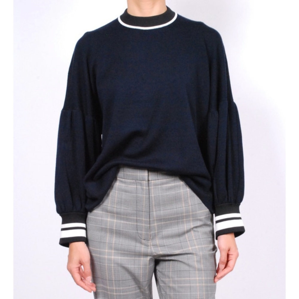 TIBI Merino Wool Puff Sleeves Pullover-Navy Multi